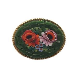 Vintage Italian Floral Micro Mosaic Brooch Pin Oval Gold Toned Metal Setting